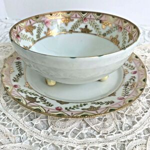 Bone China Bowl with Under Plate Gold Detail BiBi Japan ca 1940s Hand Painted
